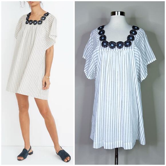 Madewell Dresses & Skirts - Madewell | White Navy Stripe Embroidered Flutter Sleeve Shift Cotton Dress Small